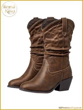Wide Calf Cowboy Boots with Embroidery Almond Toe Chunky Heel Pull-On